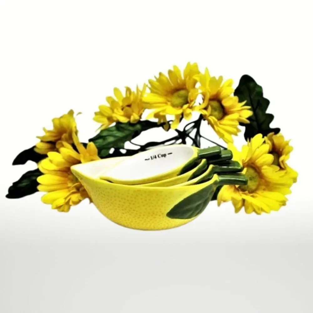 Lemon Measuring Cups Ceramic Whimsical Cottagecore Grandmacore Yellow Set of 4
